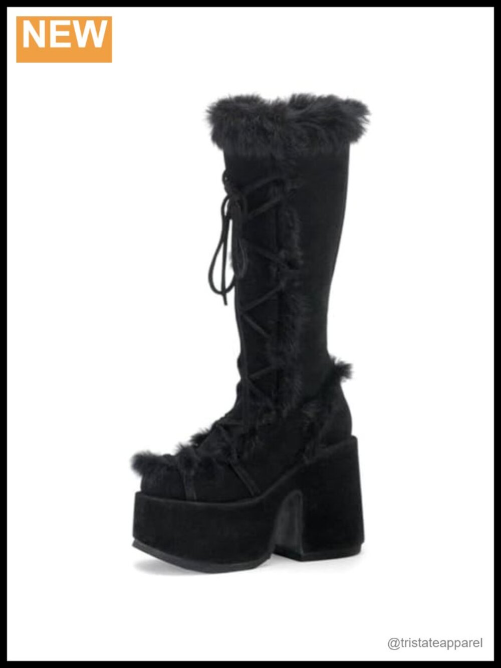 Gothic Platform Knee High Boots Faux Fur Trim Chunky Block Heel Winter Shoes